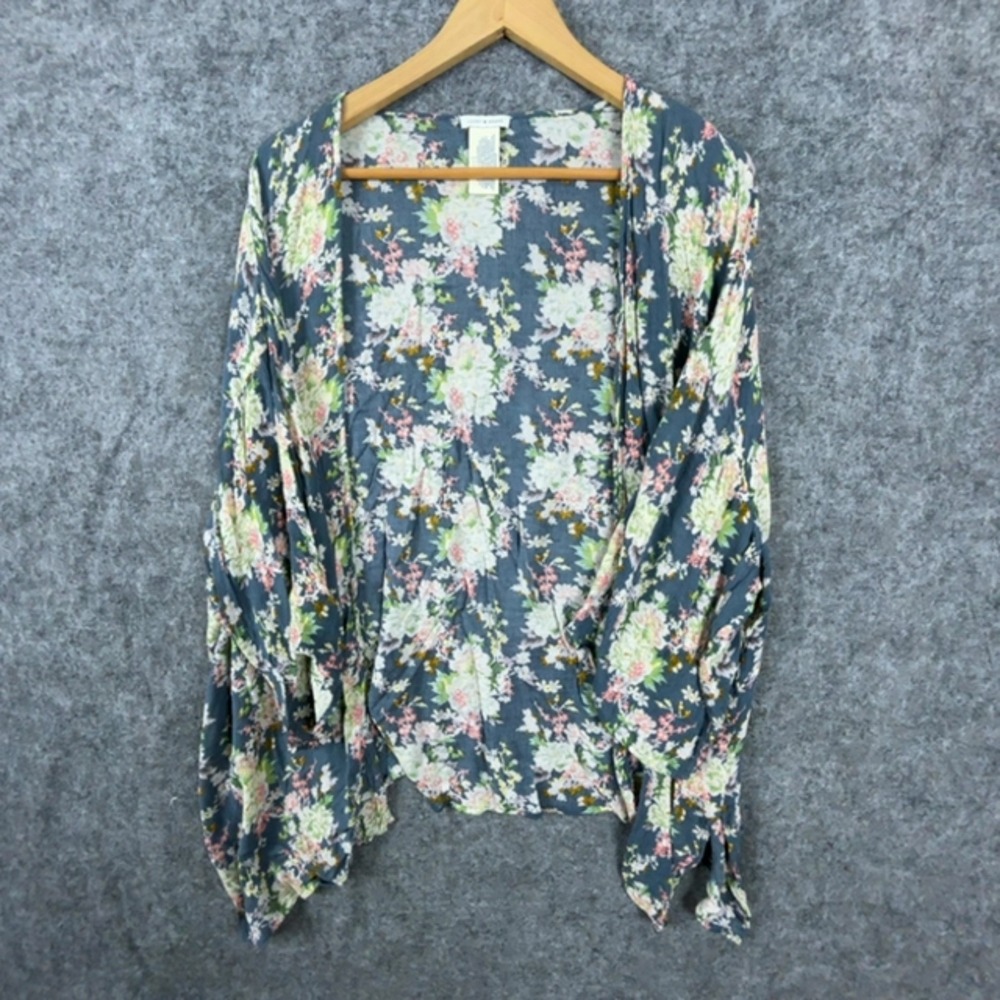 Lucky Brand Cardigan Top Womens L Blue Romantic Floral Open Front Lightweight